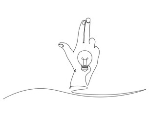 Continuous one line drawing of hand gun pose with lamp bulb. One line drawing illustration of hand and bulb mix. Idea, inspiration concept single line. Editable outline