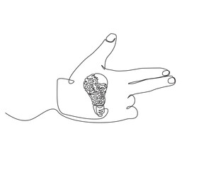 Continuous one line drawing of hand gun pose with lamp bulb. One line drawing illustration of hand and bulb mix. Idea, inspiration concept single line. Editable outline