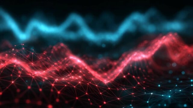 Abstract glowing red and blue waveforms made of points and lines, digital mesh style, on a dark background, representing futuristic technology concept
