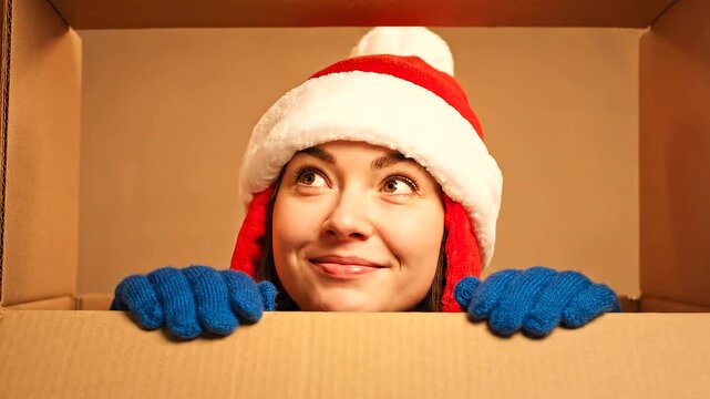 Woman in a Santa hat inside a cardboard box looking surprised.
