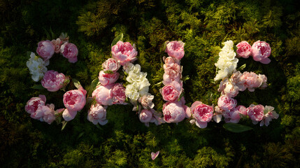 The word “SALE” formed from fresh, vibrant flowers including roses, daisies, and peonies arranged on a lush green moss background, symbolizing a natural and colorful seasonal promotion.