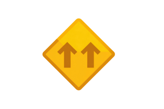A yellow diamond road sign featuring two brown arrows pointing upwards, symbolizing two-way traffic or movement ahead. background removed