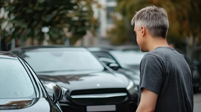 A man walks up to a parked car, inspects it quietly, and gently opens the door to check inside while on a busy street
