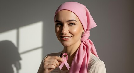 Smiling woman wearing pink headscarf and holding pink ribbon for awareness