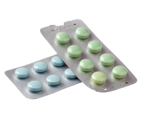 Two blister packs displaying various green and blue pills on transparent background