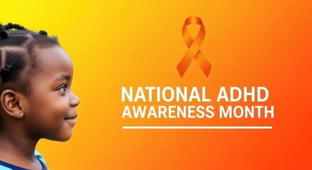 attention deficit hyperactivity disorder. african american girl with ribbon symbol on colorful background, adhd awareness month banner. healthcare and social campaign, mental health support