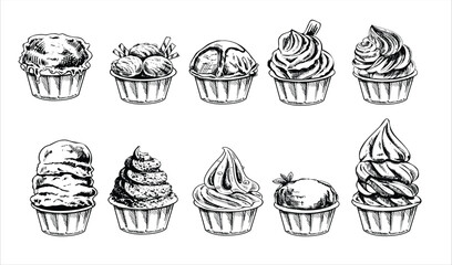A hand-drawn sketch of ice cream balls, frozen yoghurt or cupcakes in cups. Set. Vintage illustration. Element for the design of labels, packaging and postcards.
