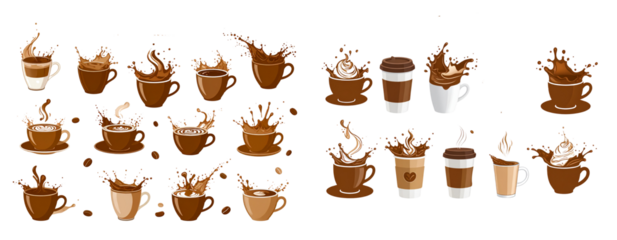 Stylized Espresso and Latte Splash Silhouette Icons Collection, Vector Design