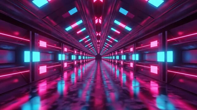 Simple geometric concept of a futuristic tunnel with glowing neon lights creating an abstract hyperspace pathway. A digital 3D render showing an infinite corridor design with vibrant colors