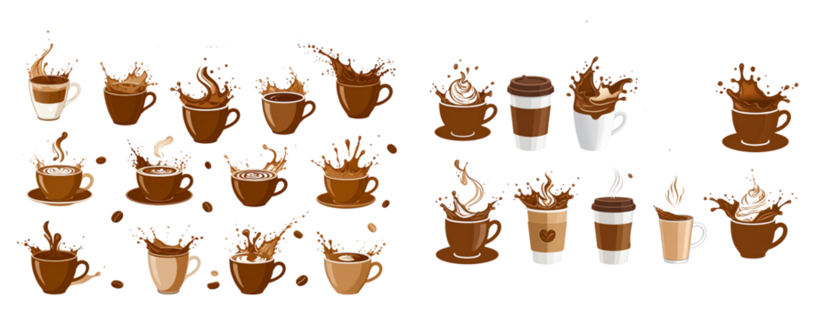 Stylized Espresso and Latte Splash Silhouette Icons Collection, Vector Design