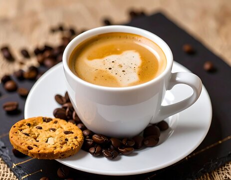 White coffee cup with latte art, cookie, and coffee beans - Powered by Adobe