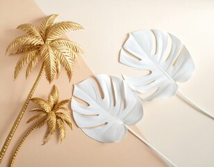 Golden palms, white monstera on tan split background