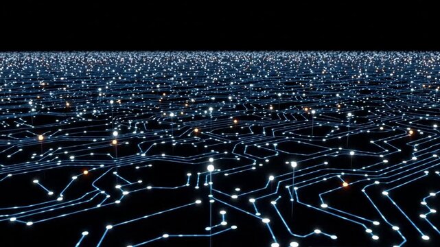 A simple visualization of a complex technological network showing glowing data points and connections