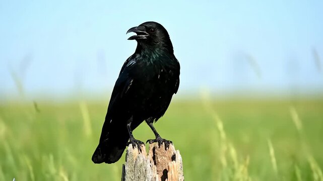 Black Crow Perched on Post Calling Out Loudly.