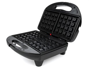 Open black waffle iron, showing cooking grids