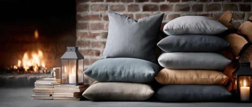 Warm pillows set next to a crackling fire create a perfect space for relaxation and comfort during chilly evenings at home