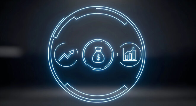 Futuristic neon glowing oval interface displaying icons of finance technology and renewable energy