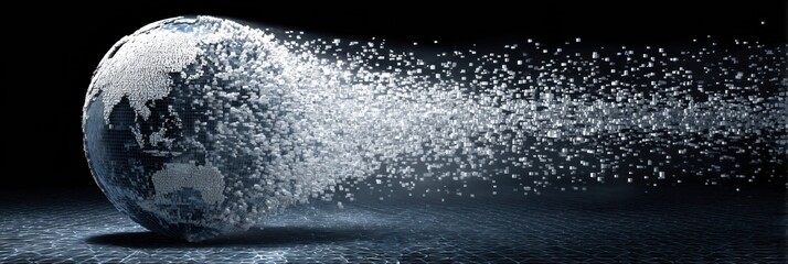 Digital Globe Disintegrating Into Particles in a Dark Background Showcasing a Futuristic Concept of Globalization and Technology