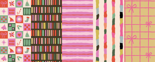 Naklejka na ściany i meble Vector set of seamless patterns – abstract hand-drawn quirky doodles, striped, plaid, and checkered designs – festive, party, and Christmas decorative wrapping paper and textile backgrounds