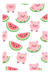 Obraz premium Pink Piggy Faces on Watermelon Slices, Cute Cartoon Illustration with Transparent Background