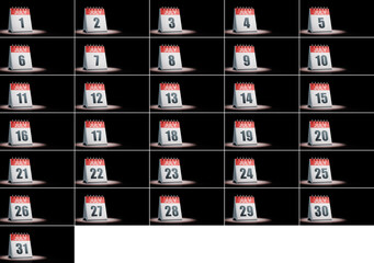 July Calendar Days Set Spotlighted on Black Background