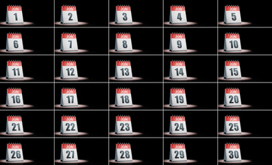 June Calendar Days Set Spotlighted on Black Background