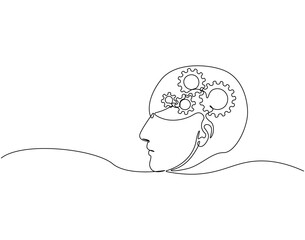 Continuous one line drawing of human head with gears machine inside. One line drawing illustration of human head and gear machine mix. Mind on progress concept single line. Editable outline