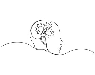 Continuous one line drawing of human head with gears machine inside. One line drawing illustration of human head and gear machine mix. Mind on progress concept single line. Editable outline
