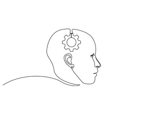 Continuous one line drawing of human head with gears machine inside. One line drawing illustration of human head and gear machine mix. Mind on progress concept single line. Editable outline