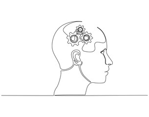 Continuous one line drawing of human head with gears machine inside. One line drawing illustration of human head and gear machine mix. Mind on progress concept single line. Editable outline