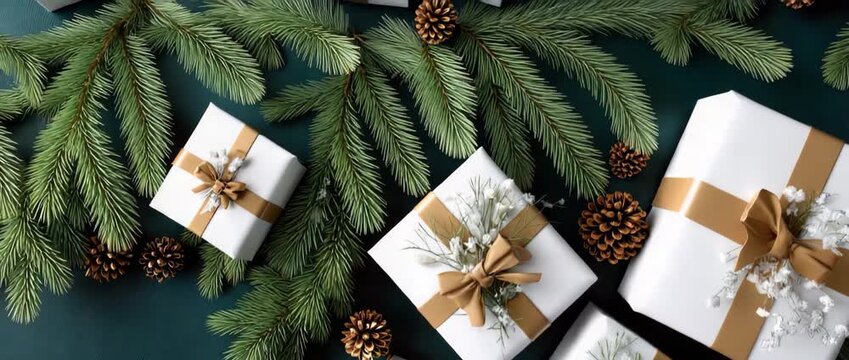 Elegant gifts with golden bows are arranged among fresh greenery and pinecones, creating a warm holiday atmosphere