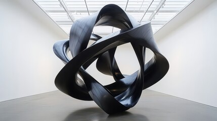 Abstract Obsidian Sculpture with Flowing Lines on Display