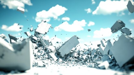 Abstract of concrete fragments erupting against a cloudy sky