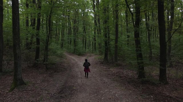 A lone hiker walks along a dirt trail through a dense green forest. The path splits ahead, surrounded by tall trees and peaceful natural scenery, evoking a sense of exploration and solitude.