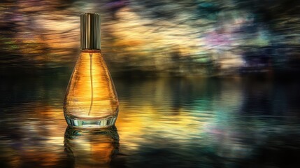 Abstract perfume bottle with golden liquid reflecting light