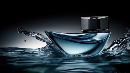 Abstract perfume bottle with water splashing in focus