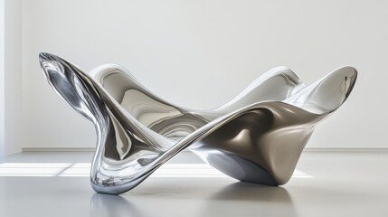 Abstract polished chrome sculpture with flowing shapes and light