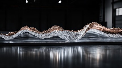 Abstract polished sculpture of merging waves with metallic effects