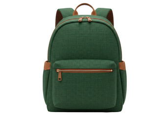 Isolated green school backpack with brown straps, zippered pocket, handle for holding