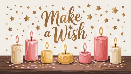 Illustration of seven candles on a wooden surface with make a wish text above them