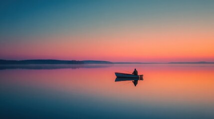 Obraz premium Serene Sunset Boat Ride on Calm Waters Reflecting Vibrant Colors.