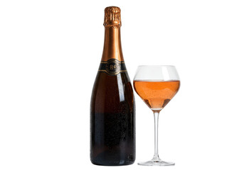 Isolated bottle and glass of sparkling rosé wine, ready for a celebration or special occasion
