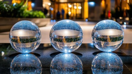 Abstract sculpture of interconnected glass spheres reflecting city night