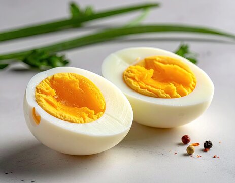 Two halves of a hard-boiled egg, sliced open, revealing the bright yellow yolk, sit on a light gray surface.  Green onions and parsley are in the background.  Small spices are scattered on the surface