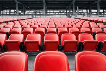 Naklejka premium Empty stadium seats, rows of red plastic chairs