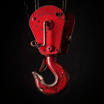 Close-up of a weathered red crane hook