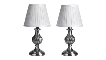  Silver lamp duo featuring sleek metallic bases and white shades, isolated on transparent background