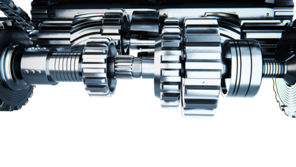 Detailed view of a mechanical gear system isolated on transparent white background.