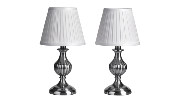  Silver lamp duo featuring sleek metallic bases and white shades, isolated on transparent background
