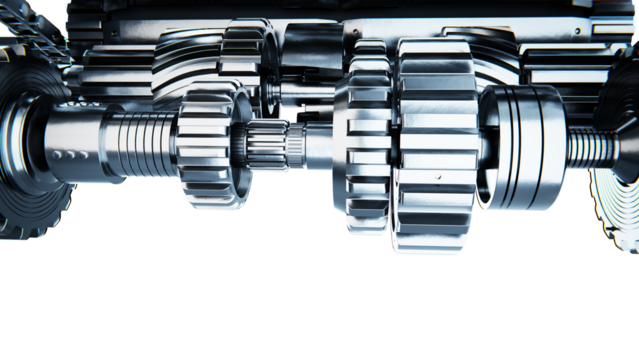 Detailed view of a mechanical gear system isolated on transparent white background.